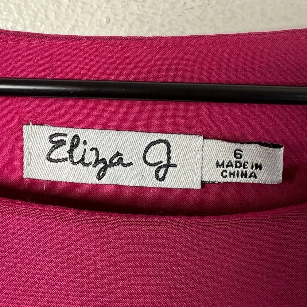 Eliza J Womens 6 Maroon‎ 3/4 Sleeve Pleated Ruched A-Line Dress Stretch Boatneck